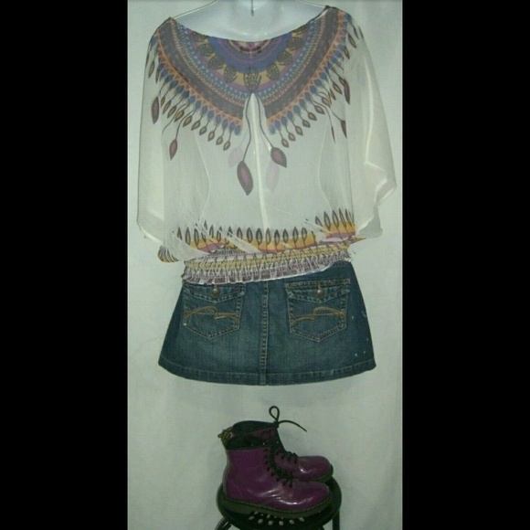 y2k Wet Seal Blouse Batwing Sleeves White Purple Bohemian Print Sheer Boho Top M - Picture 6 of 8